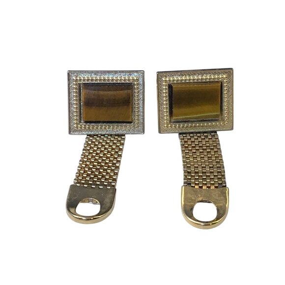 Vintage Gold Tone Tigers Eye Mesh Wrap Cufflinks (1489) - Picture 1 of 4